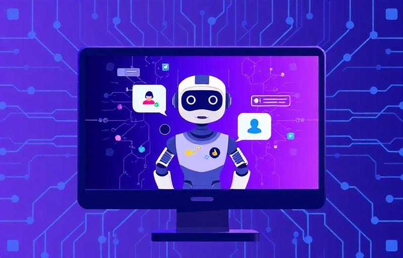 Ilustração de robô de IA realizando atendimento ao cliente em tela de computador com redes neurais